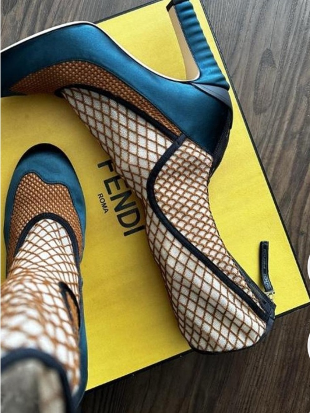 Fendi Tan Mesh and Teal Leather Pointed Bootie - Picture 2 of 4